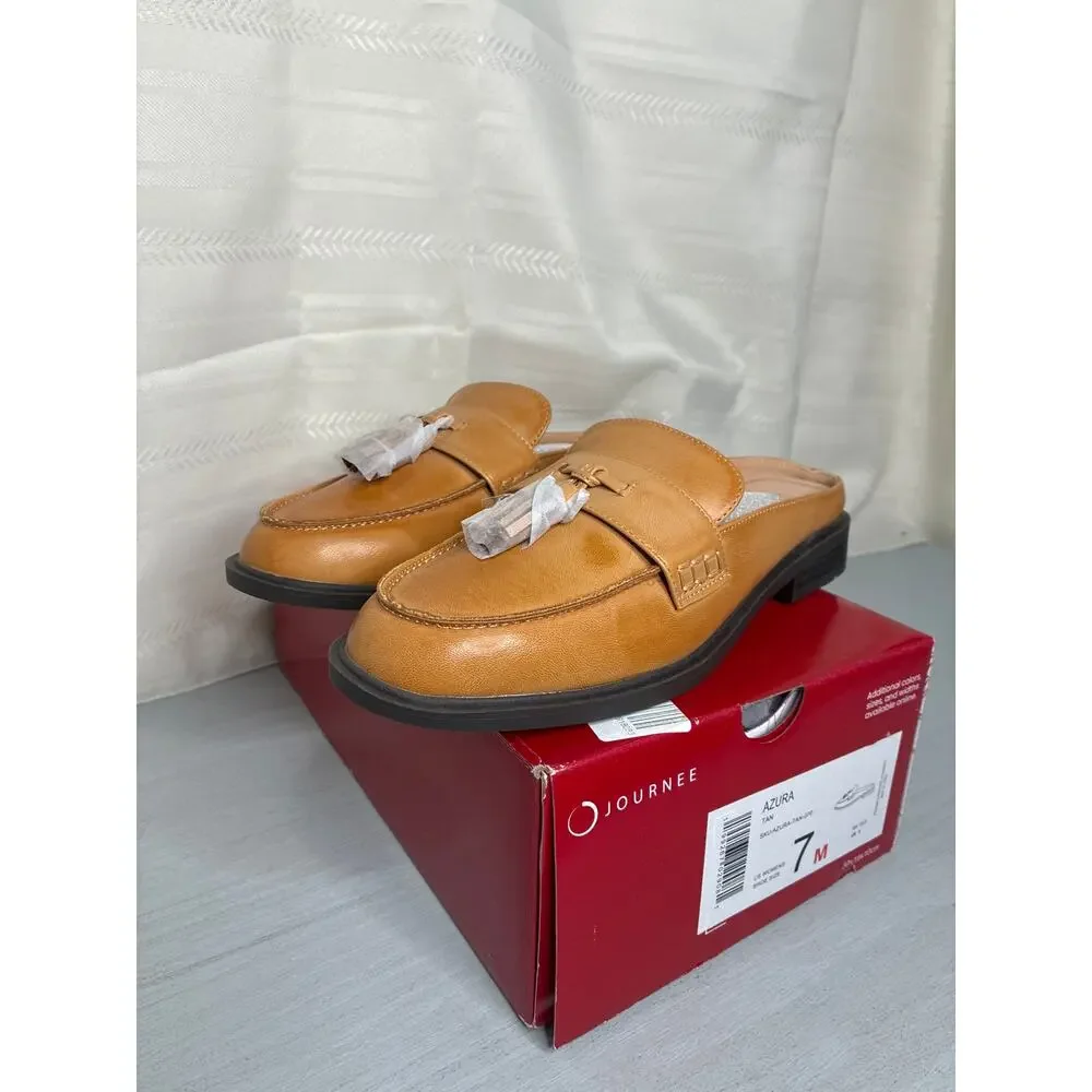 Journee Collection Azura Tassel Mule Loafer Tan Round Toe Size 7M